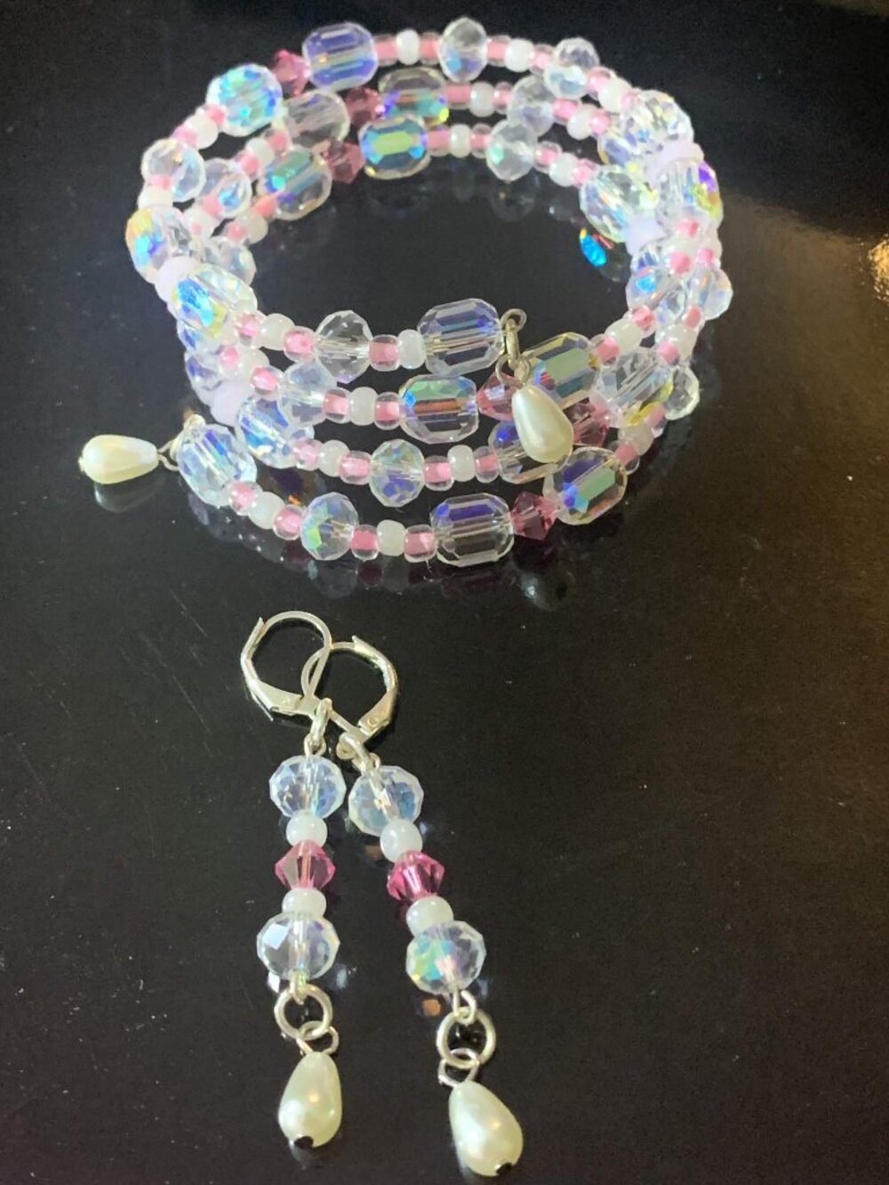 'Pretty in Pink' Hand crafted glass coil bracelet and earrings set